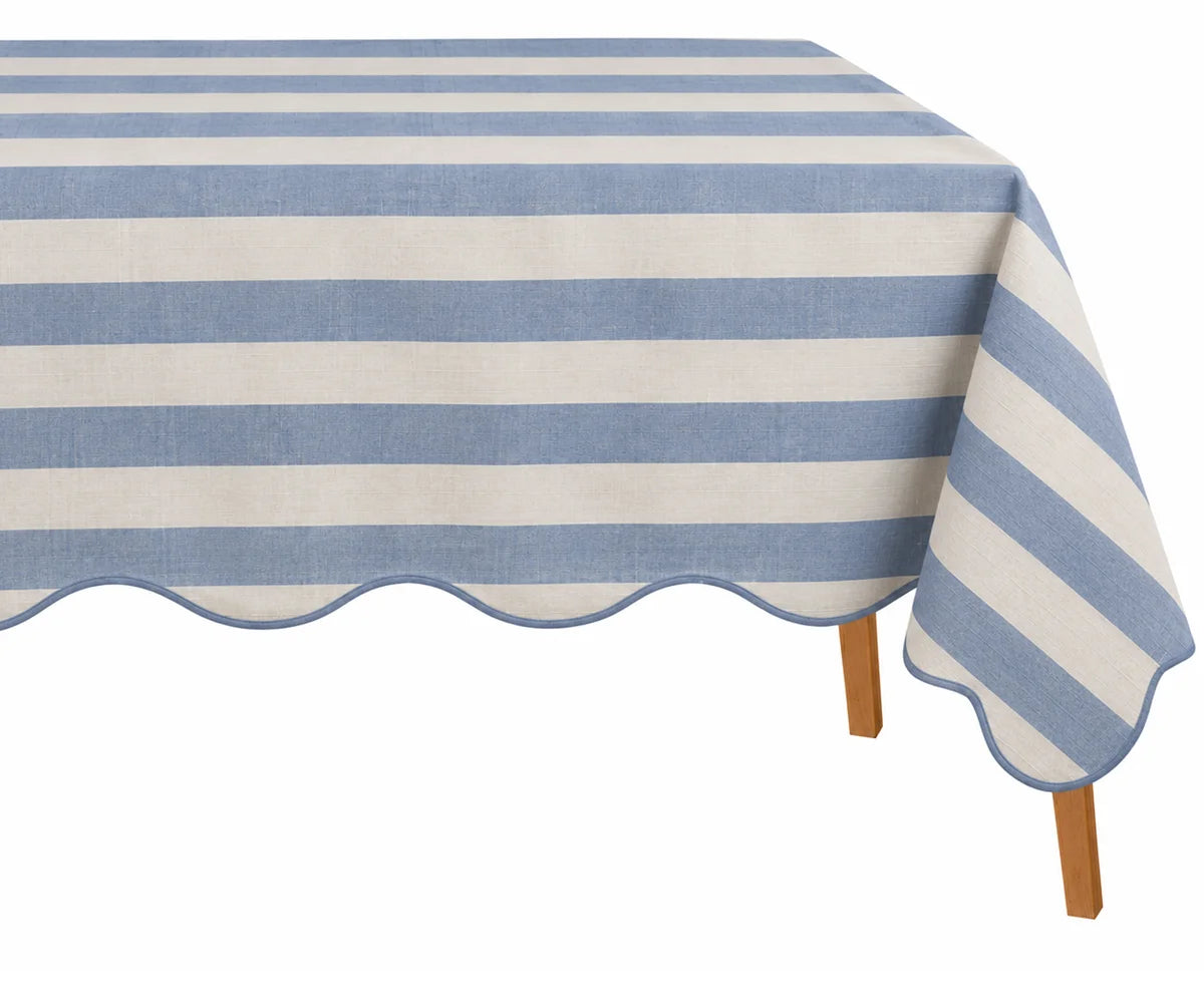 Dusty blue striped scalloped tablecloth for dining table, blue and white table linen with wavy edge for farmhouse décor, summer gatherings, brunch tables, and everyday dining.