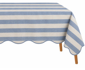 Dusty blue striped scalloped tablecloth for dining table, blue and white table linen with wavy edge for farmhouse décor, summer gatherings, brunch tables, and everyday dining.