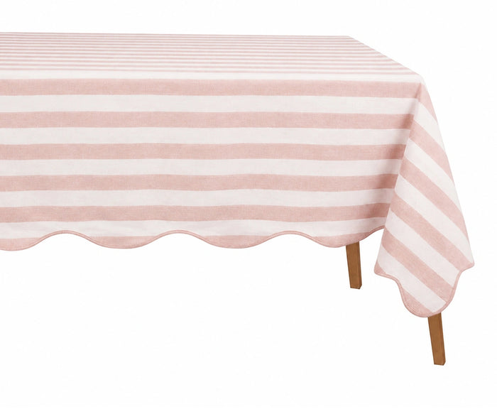 Pink and white striped tablecloth on rectangular table
