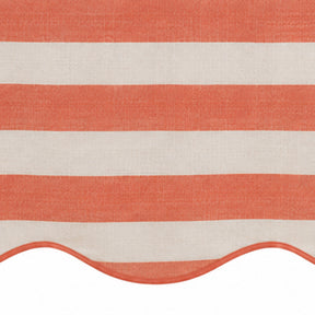 Round striped tablecloth fabric sample showing cotton linen material, stripe detail, and scalloped tablecloth design