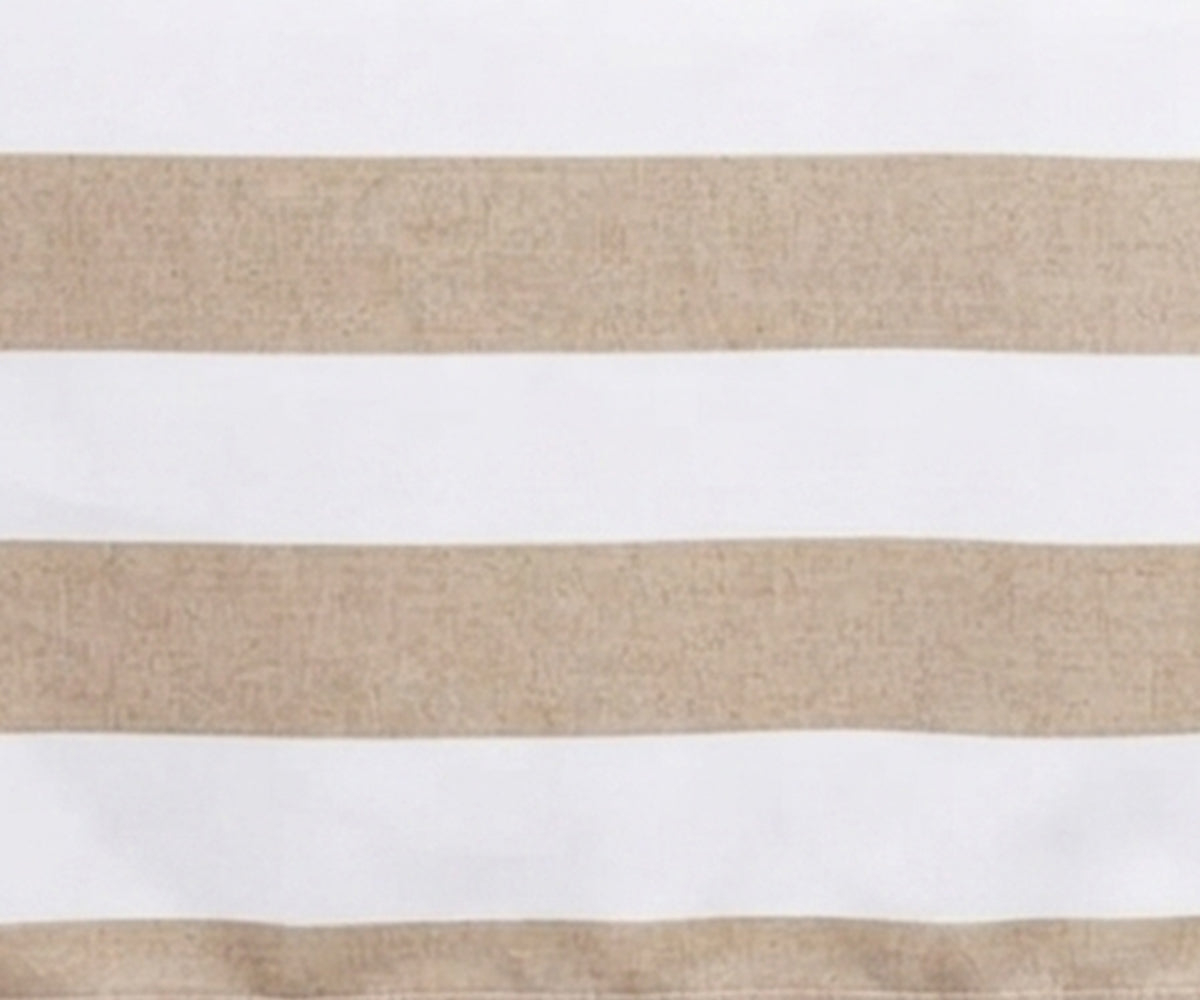 Close-up fabric view of a beige and white wide cabana striped cotton  tablecloth.