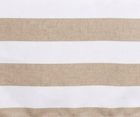 Close-up fabric view of a beige and white wide cabana striped cotton  tablecloth.