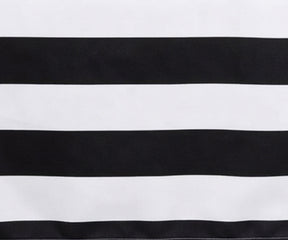 Close-up fabric view of a black and white wide cabana striped cotton  tablecloth.
