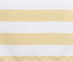 Close-up fabric view of a vintage butter yellow and white wide cabana striped cotton tablecloth.