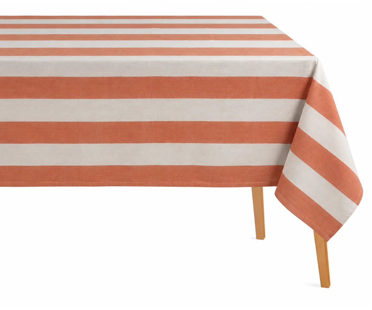 Rust orange and white striped tablecloth for dining tables, featuring a classic stripe pattern ideal for fall dining, Thanksgiving gatherings, farmhouse décor, and everyday entertaining