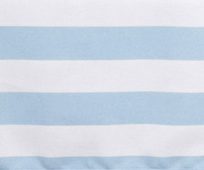 Close-up fabric view of a Pale blue and white wide cabana striped cotton  tablecloth.