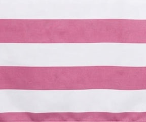 Close-up fabric view of a  pink blush and white wide cabana striped cotton  tablecloth.