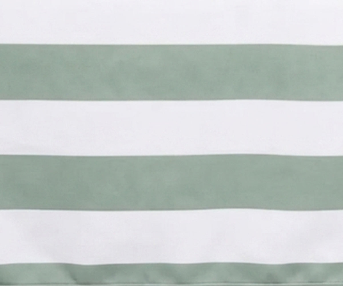 Close-up fabric view of a sage and white wide cabana striped cotton  tablecloth.