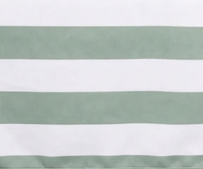 Close-up fabric view of a sage and white wide cabana striped cotton  tablecloth.