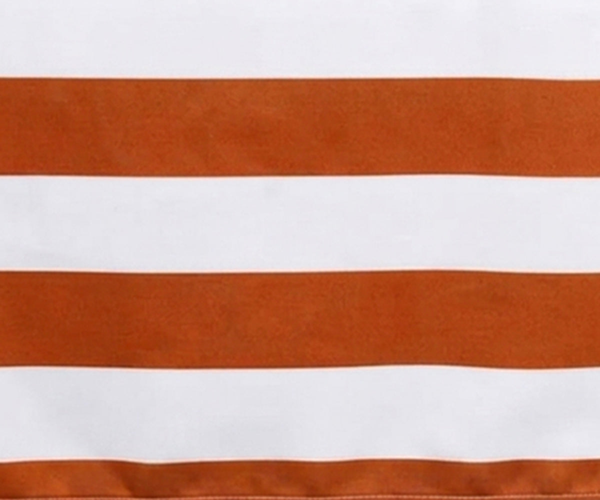 Close-up fabric view of a terracotta and white wide cabana striped cotton  tablecloth.