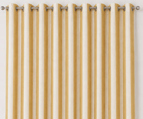 Yellow striped cotton curtains with classic vertical cabana stripes, breathable washable cotton fabric, and a relaxed drape for living room and dining room windows.