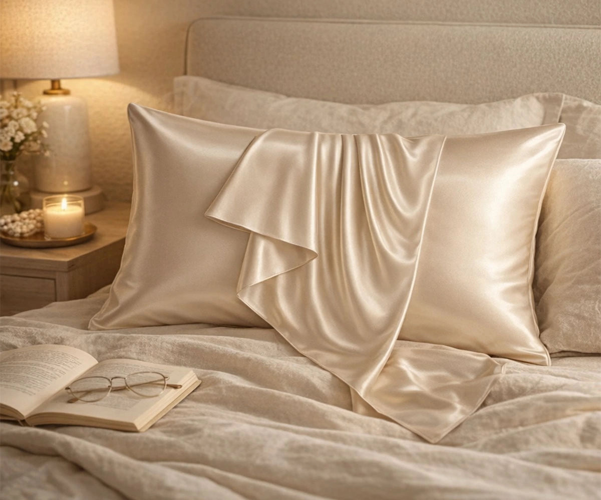Champagne luxury silk pillowcase set in glossy sateen finish, premium Mulberry silk pillow cover for anti-frizz hair care