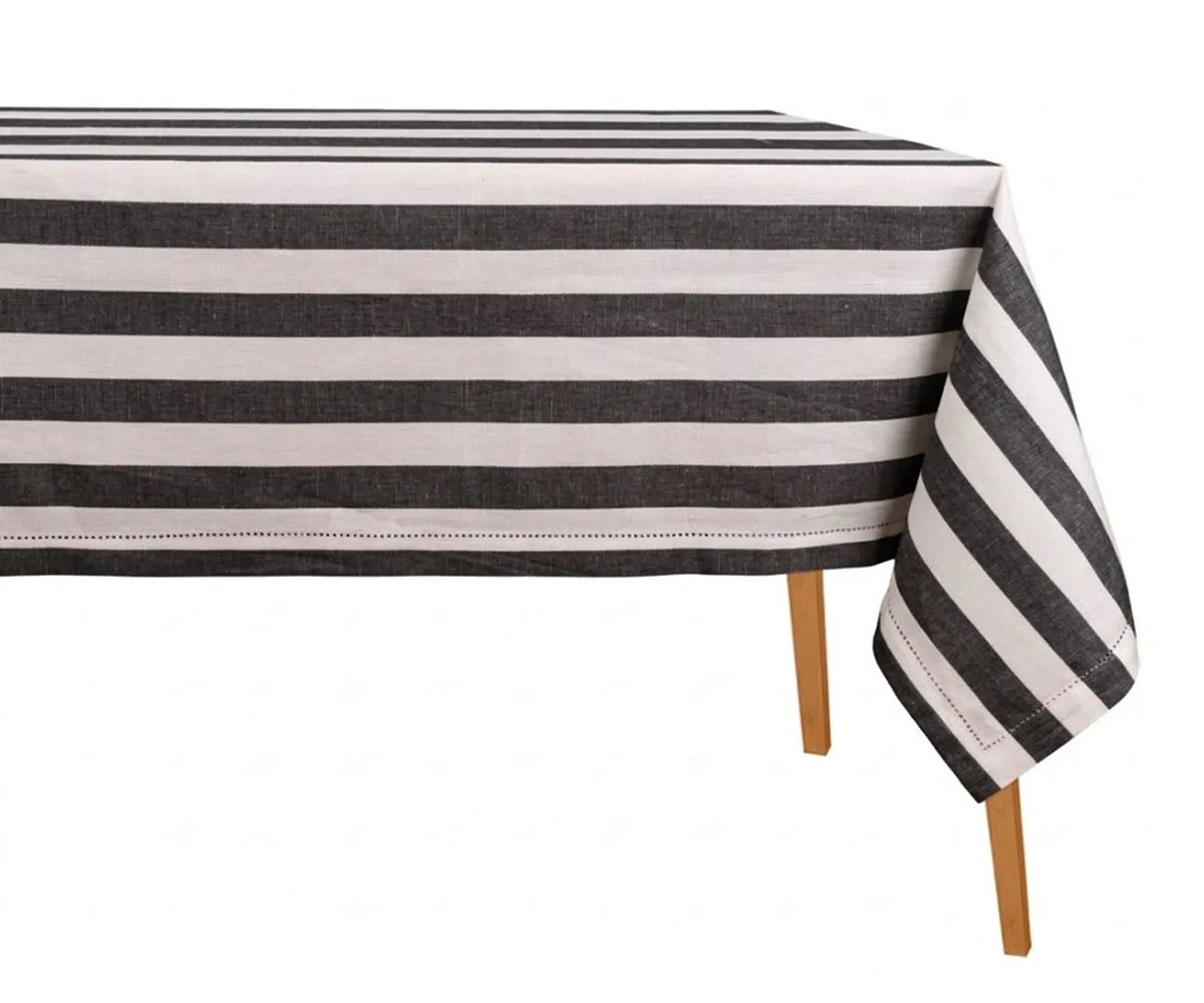 Cabana stripe rectangle tablecloth with hemstitched border on a farmhouse dining table