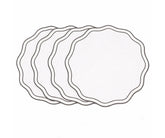 Charcoal embroidered round placemats styled on modern and farmhouse dining table, cotton placemats with scalloped edges for elegant décor