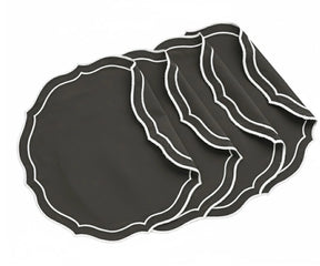 Charcoal grey round cotton placemats set of 4 with refined scalloped edges and woven embroidery, offering a modern, elegant accent for contemporary, formal, and everyday dining tables.