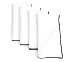 Modern white cotton napkins with charcoal merrow stitch border, embroidered napkins for contemporary table styling