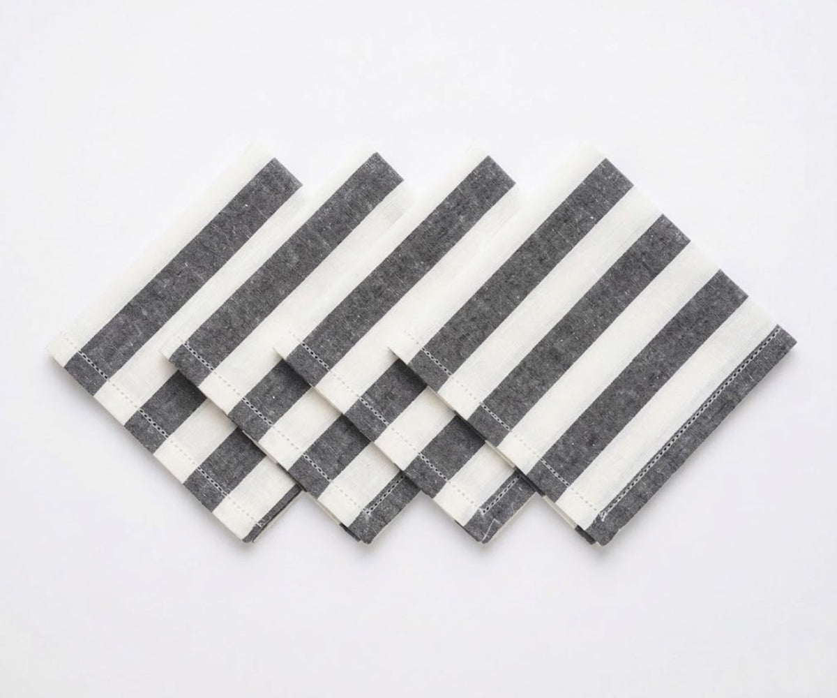 Striped cloth dinner napkins in cotton linen blend with hemstitched edges