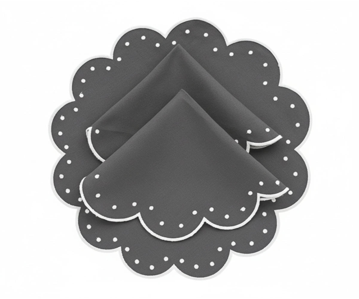 Charcoal grey scalloped cotton placemats with white dotted detailing, luxury round placemats