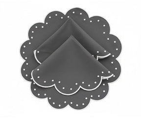 Charcoal grey scalloped cotton placemats with white dotted detailing, luxury round placemats
