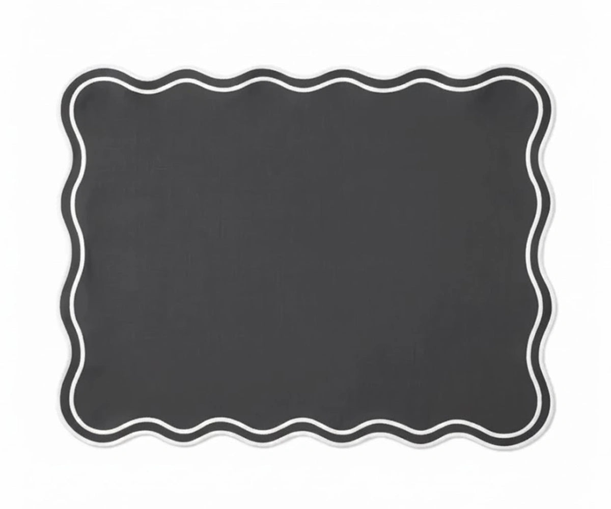 Charcoal rectangular cotton placemats with contrasting white scalloped border, durable washable table mats for home dining