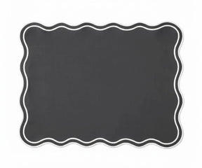 Charcoal rectangular cotton placemats with contrasting white scalloped border, durable washable table mats for home dining
