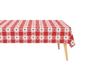 Red and white gingham rectangle tablecloth with heart pattern