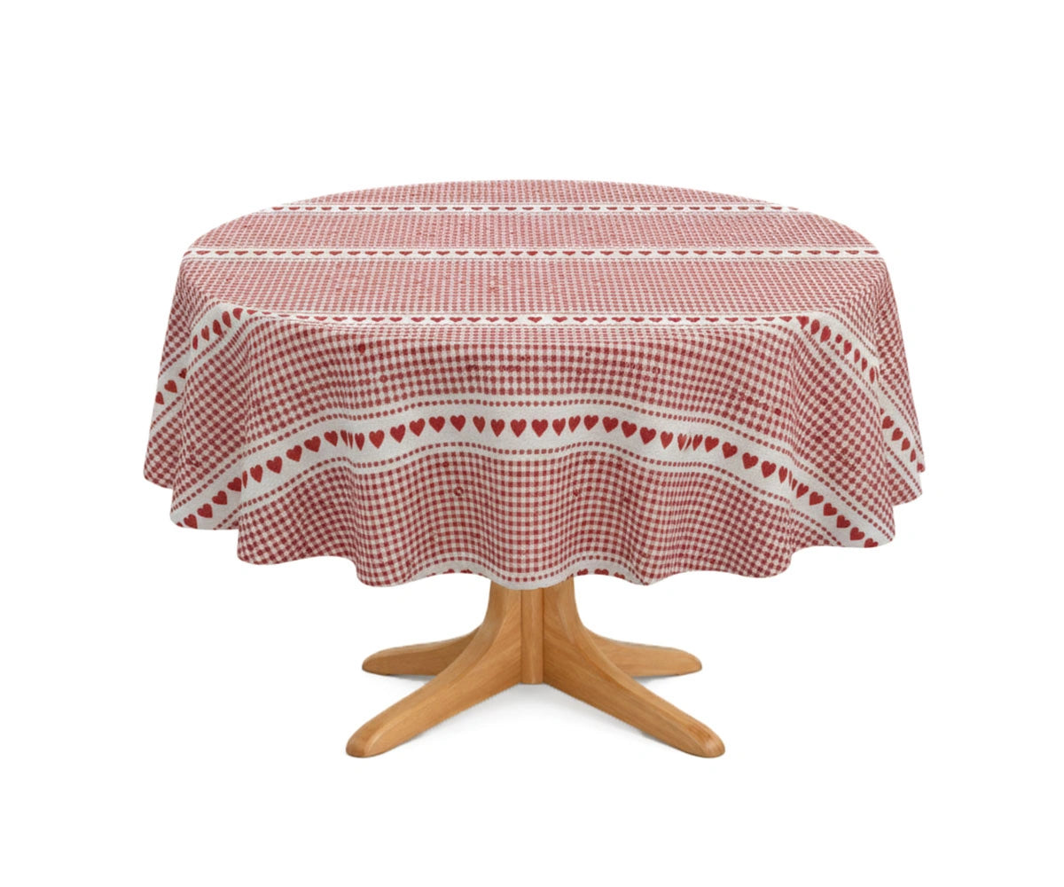 Round red cotton tablecloth with scalloped edge
