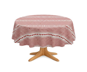 Round red cotton tablecloth with scalloped edge