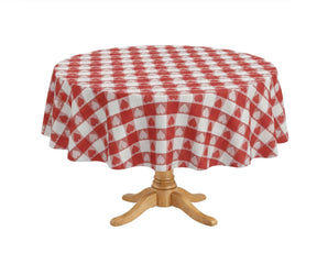 Farmhouse-style red checkered round tablecloth for dining table