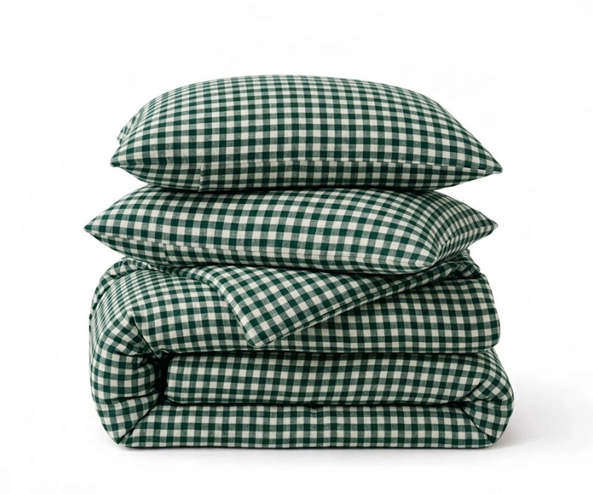 Forest green gingham linen duvet cover queen size stonewashed plaid linen bedding set with button closure