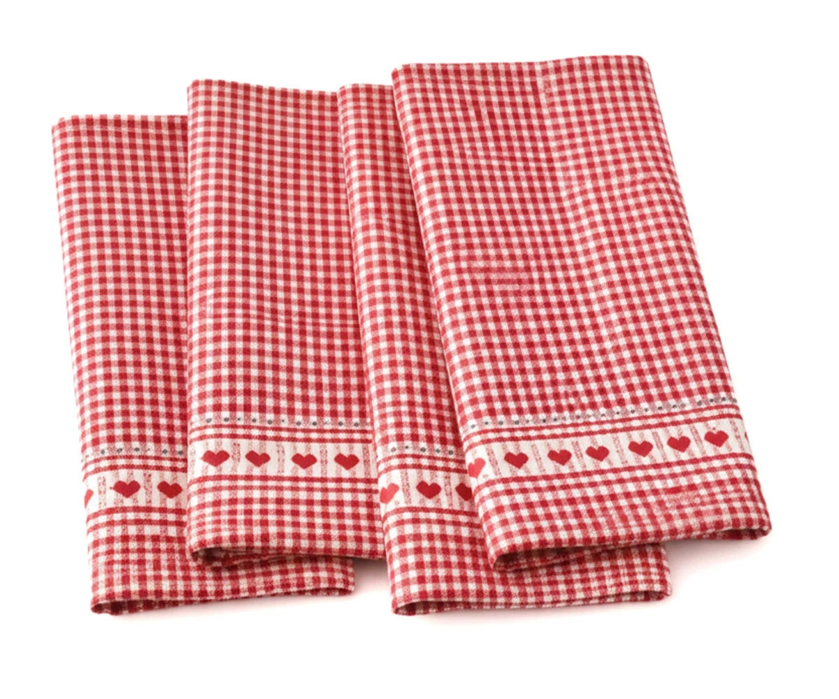Heart cotton cloth napkins set in red and white gingham print