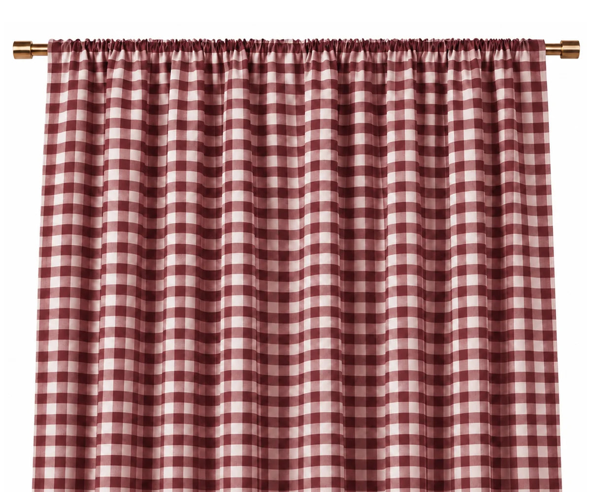 dark red buffalo plaid curtains in 100% cotton, ideal farmhouse window panels for rustic living room décor.
Cozy buffalo check drapes for bedroom, kitchen, dining room, country, and cottage-style homes.