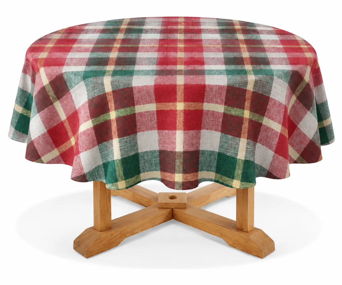 Red, green and ivory plaid cotton tablecloth for Christmas and holiday table decor
