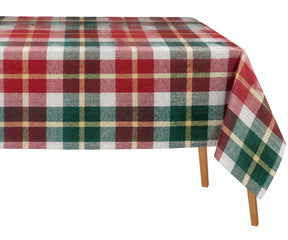 Red and green checked cotton tablecloth with cream stripes, festive rectangular tablecloth for Christmas dining