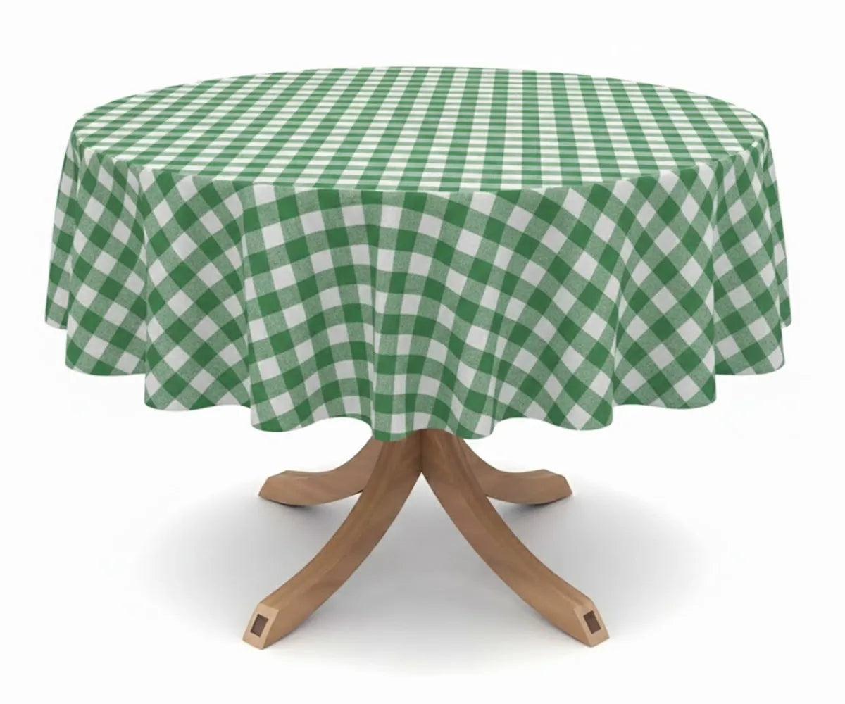 Sage green checked round cotton tablecloth styled on a dining table with a clean and classic look