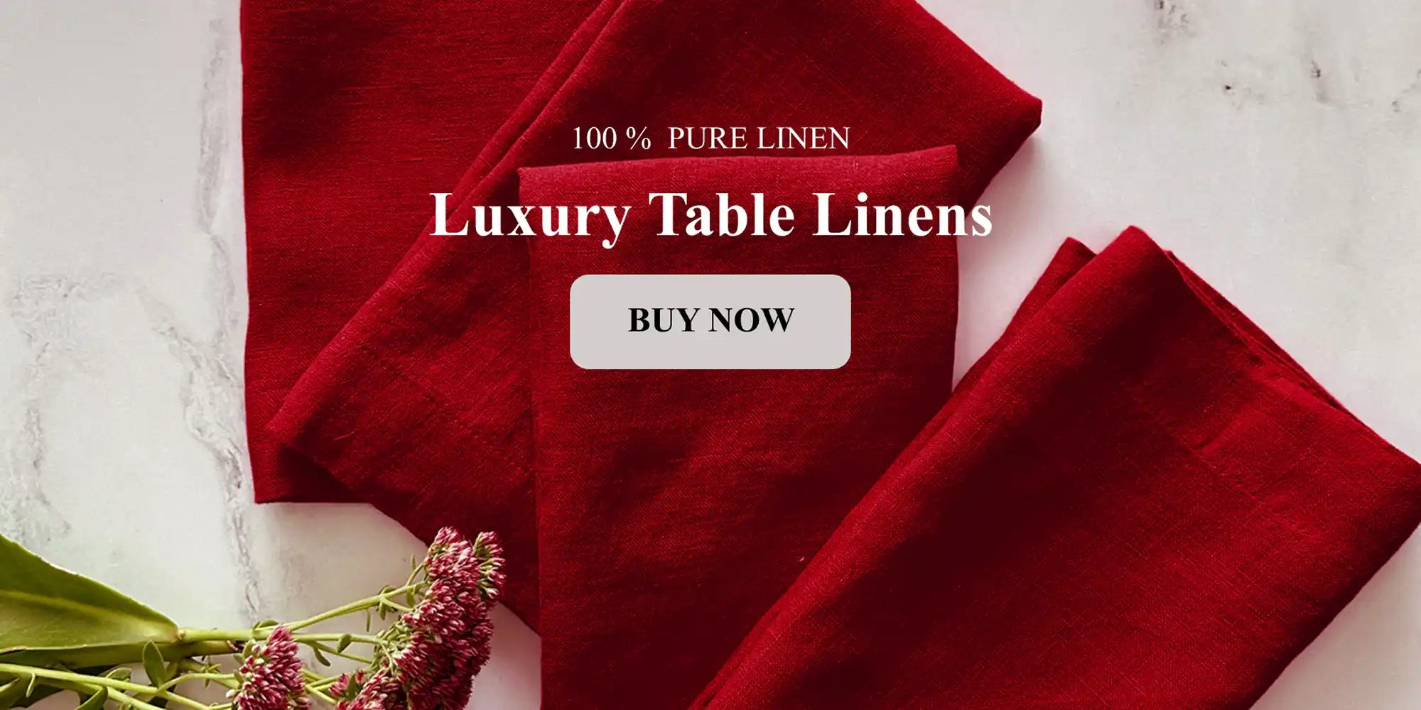 Red table linens with '100% Pure Linen' and 'Luxury Table Linens' text on a light background.