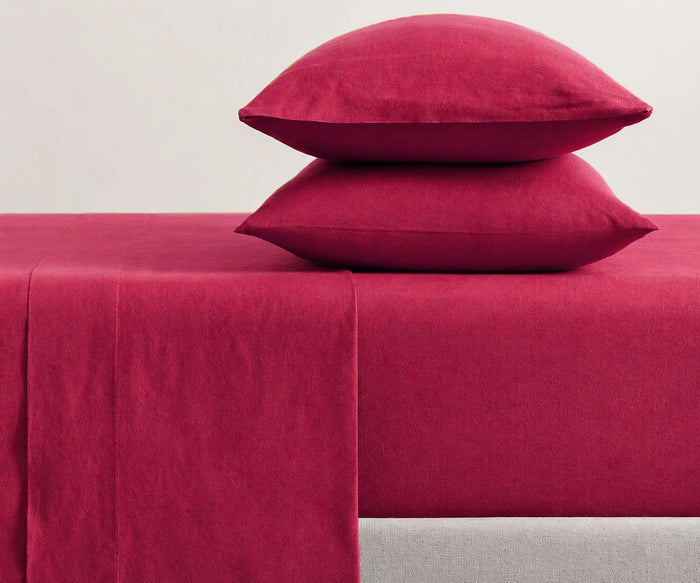 Luxury cherry red linen bed sheet set with pillowcases, premium breathable bedding for king and queen beds, hotel quality red linen sheet set full for all seasons