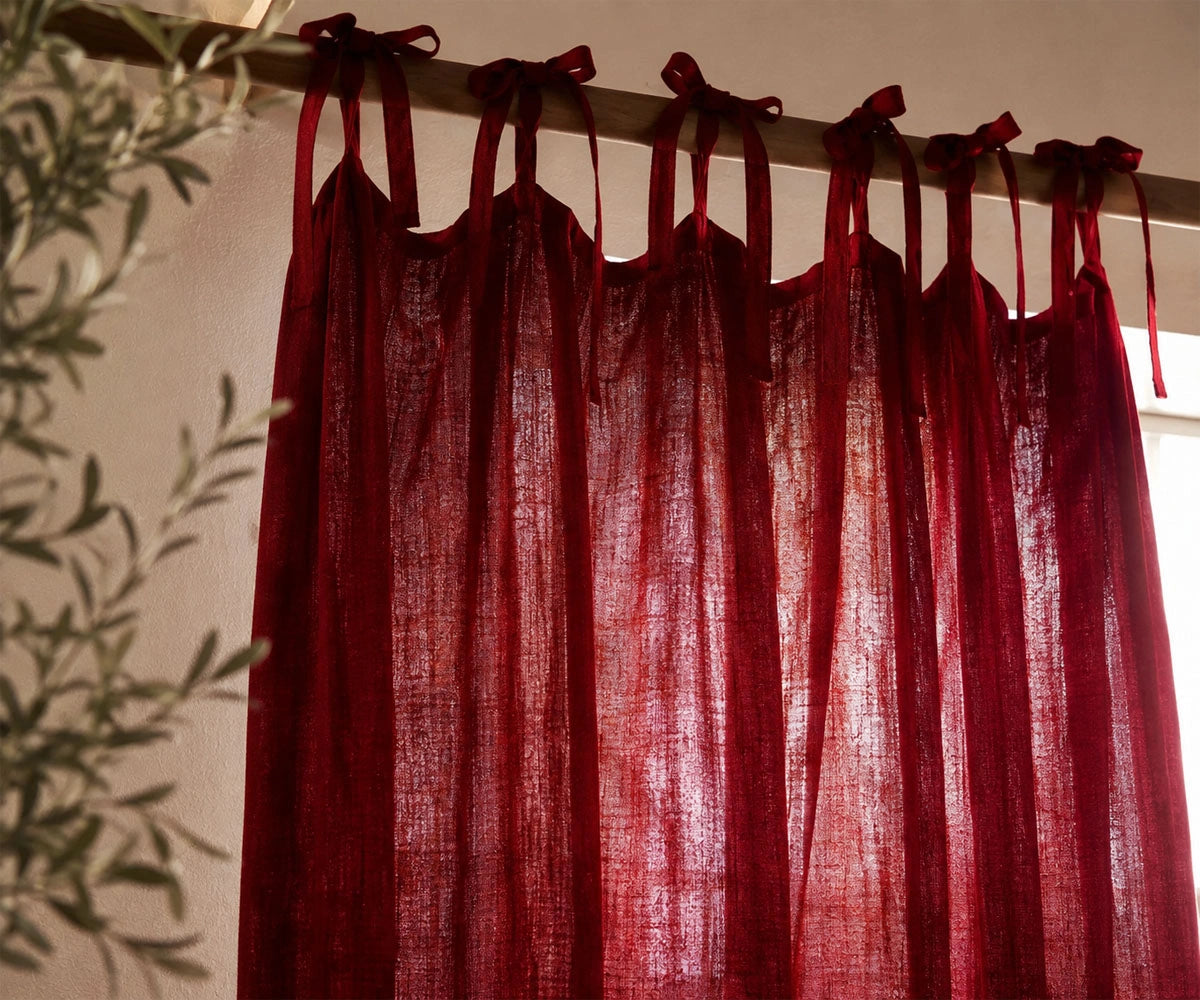 Cherry Red Tie Top Linen Curtains designed with premium European flax linen for bold window styling. Light filtering linen curtain panels for modern, eclectic, and farmhouse homes.