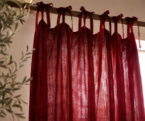 Cherry Red Tie Top Linen Curtains designed with premium European flax linen for bold window styling. Light filtering linen curtain panels for modern, eclectic, and farmhouse homes.