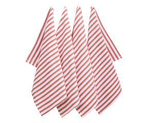 Close-up of the red stripes on the cotton tablecloth