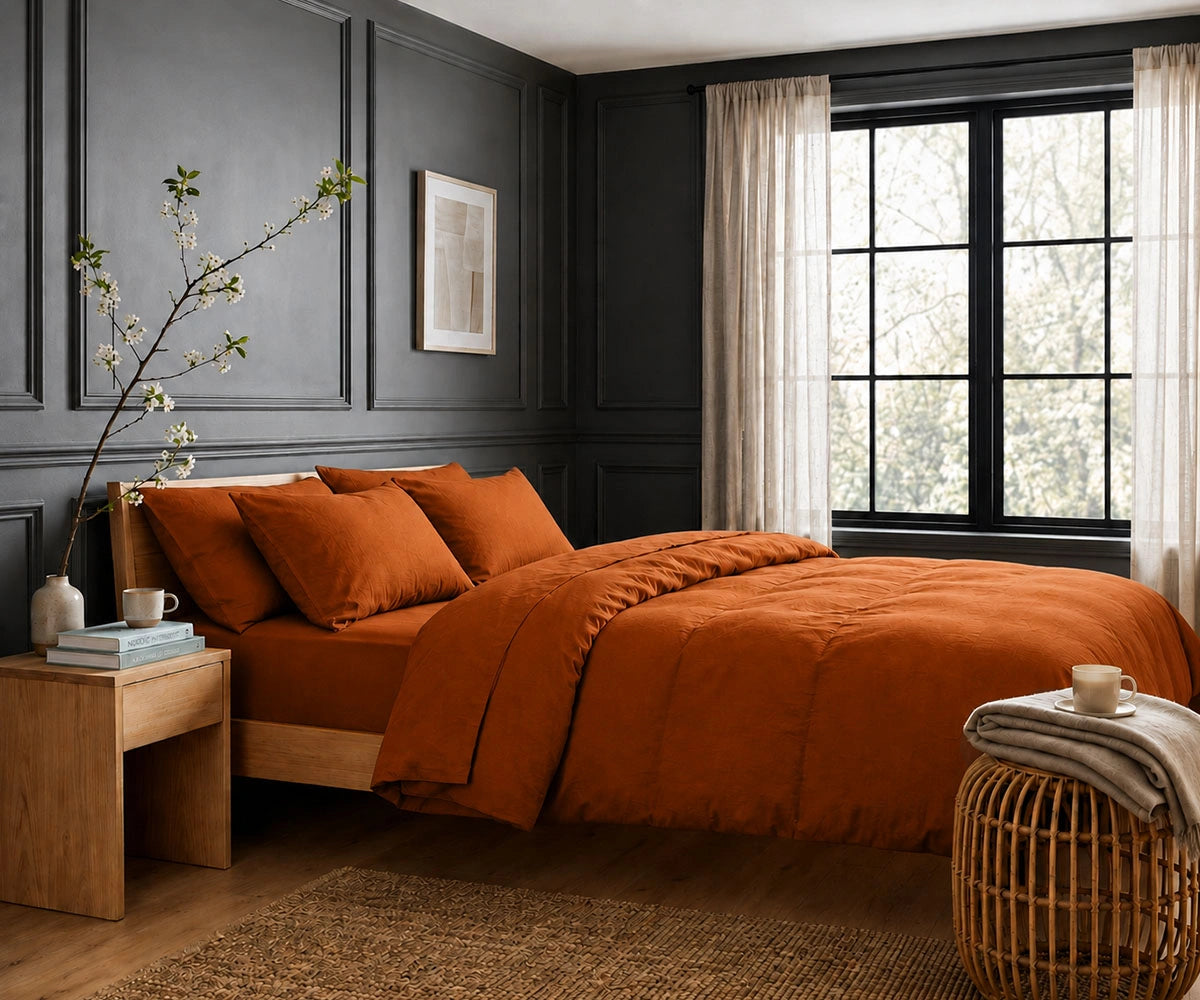 Cinnamon linen duvet cover set for warm neutral bedroom styling with soft washed premium flax linen