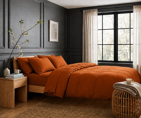 Cinnamon linen duvet cover set for warm neutral bedroom styling with soft washed premium flax linen