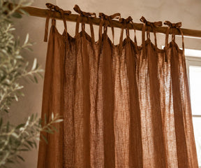 Cinnamon Tie Top Linen Curtain Panels crafted from premium European flax linen fabric. Natural linen curtains for bedroom, dining room, and modern farmhouse window décor.