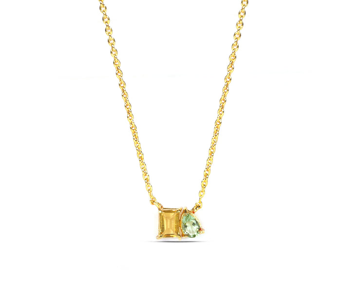 Toi et Moi necklace with citrine and green amethyst stones, a radiant amethyst citrine necklace featuring a romantic two-stone design that symbolizes love, balance, and harmony in an elegant gold setting.