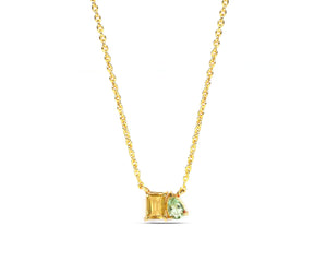 Toi et Moi necklace with citrine and green amethyst stones, a radiant amethyst citrine necklace featuring a romantic two-stone design that symbolizes love, balance, and harmony in an elegant gold setting.