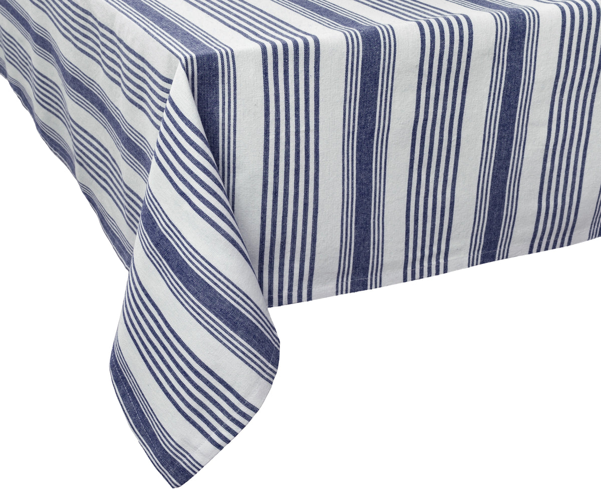 Blue and white striped rectangular tablecloth with elegant drape on dining table