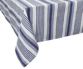 Blue and white striped rectangular tablecloth with elegant drape on dining table