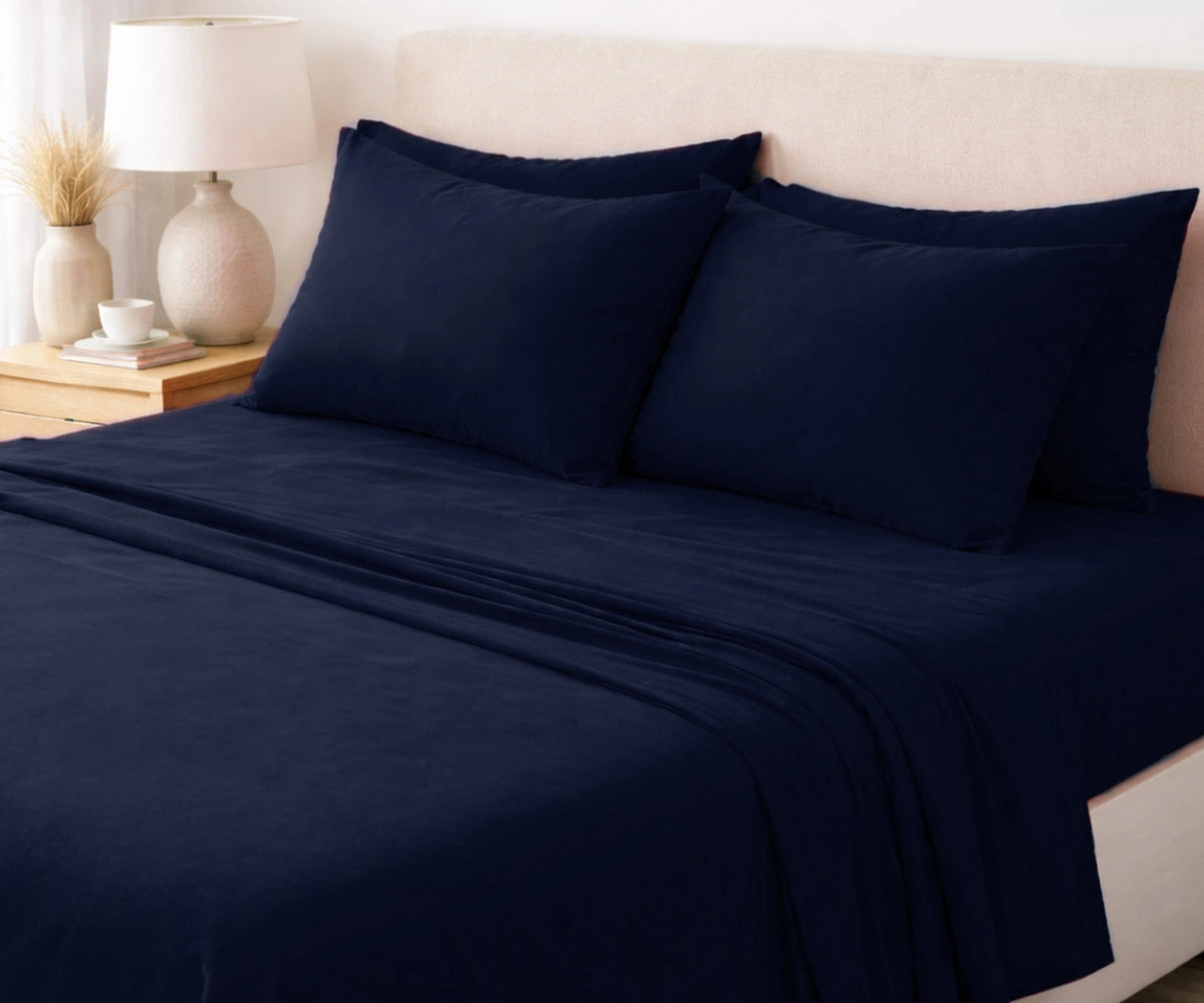 Navy blue 100% flax linen bedding set with deep pocket fitted sheet for queen and king beds