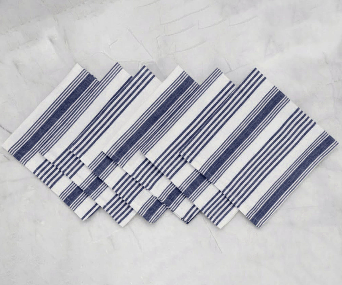Blue striped cotton cloth napkins laid flat
