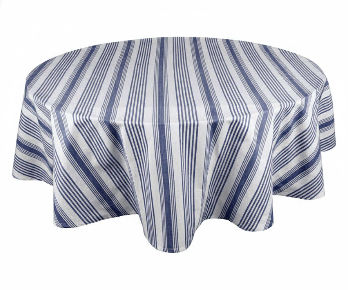 Navy blue striped round cotton tablecloth for everyday and holiday dining